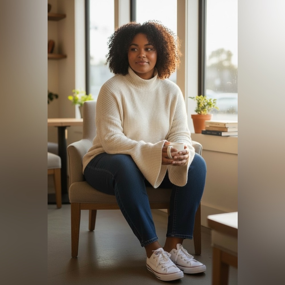Cozy French Connection Mock Neck Sweater – XL – Neutral Cream ✨